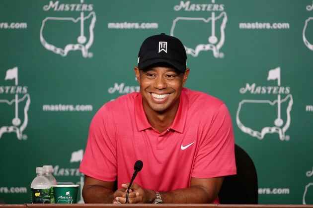AUGUSTA, GA - APRIL 07:  Tiger Woods of the United States speaks to the media during a practice round prior to the start of the 2015 Masters Tournament at Augusta National Golf Club on April 7, 2015 in Augusta, Georgia.  (Photo by David Cannon/Getty Images)