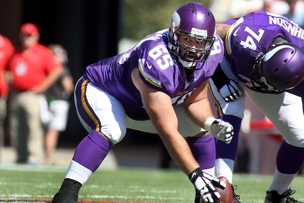 Minnesota Vikings center John Sullivan (65) during the second half of an NFL football game against the Tampa Bay Buccaneers on Sunday, Oct. 26, 2014, in Tampa, Fla. The Vikings won 19-13. (AP Photo/Reinhold Matay)