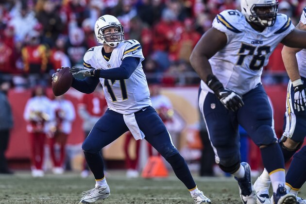 San Diego Chargers quarterback Philip Rivers (17) looks to throw against the Kansas City Chiefs during the second half of their NFL football game in Kansas City, Mo., Sunday, Dec. 28, 2014. (AP Photo/Reed Hoffmann)