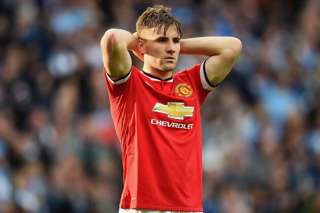MANCHESTER, ENGLAND - NOVEMBER 02:  A dejected Luke Shaw of Manchester United looks on during the Barclays Premier League match between Manchester City and Manchester United at Etihad Stadium on November 2, 2014 in Manchester, England.  (Photo by Laurence Griffiths/Getty Images)