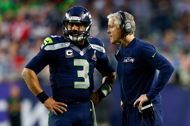 GLENDALE, AZ - FEBRUARY 01:  Head coach Pete Carroll of the Seattle Seahawks talks to Russell Wilson #3 of the Seattle Seahawks in the second quarter during Super Bowl XLIX at University of Phoenix Stadium on February 1, 2015 in Glendale, Arizona.  (Photo by Kevin C. Cox/Getty Images)