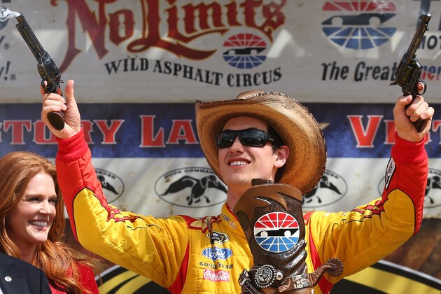 FORT WORTH, TX - APRIL 07:  Joey Logano, driver of the #22 Shell-Pennzoil/Hertz Ford, celebrates in Victory Lane after winning the NASCAR Sprint Cup Series Duck Commander 500 at Texas Motor Speedway on April 7, 2014 in Fort Worth, Texas.  (Photo by Chris Graythen/Getty Images for Texas Motor Speedway)