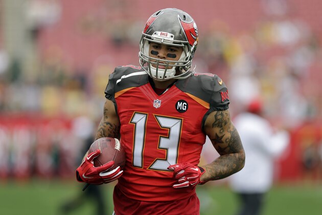 Tampa Bay Buccaneers wide receiver Mike Evans (13) before an NFL football game against the Green Bay Packers Sunday, Dec. 21, 2014, in Tampa, Fla. (AP Photo/Chris O'Meara)