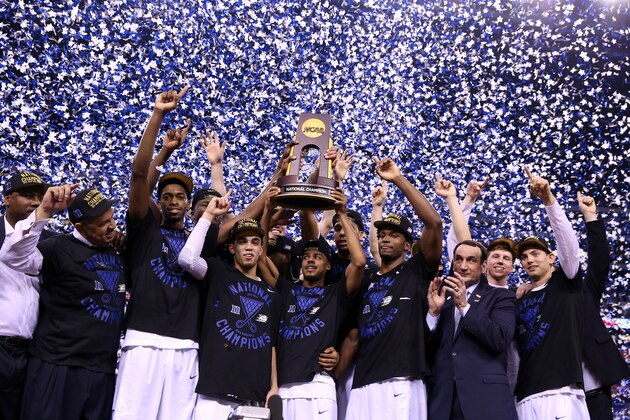 INDIANAPOLIS, IN - APRIL 06:  The Duke Blue Devils celebrate after defeating the Wisconsin Badgers during the NCAA Men's Final Four National Championship at Lucas Oil Stadium on April 6, 2015 in Indianapolis, Indiana. Duke defeated Wisconsin 68-63.  (Photo by Streeter Lecka/Getty Images)