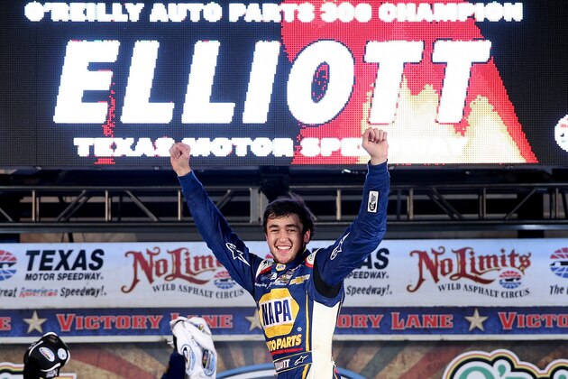 FORT WORTH, TX - APRIL 04:  Chase Elliott, driver of the #9 NAPA Auto Parts Chevrolet, celebrates in victory lane after winning the NASCAR Nationwide Series O'Reilly Auto Parts 300 at Texas Motor Speedway on April 4, 2014 in Fort Worth, Texas.  (Photo by Chris Graythen/Getty Images for Texas Motor Speedway)