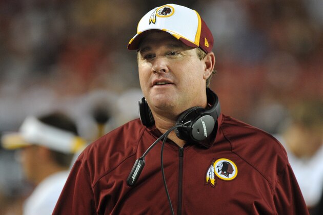 TAMPA, FL - AUGUST 28:  Head coach Jay Gruden of the Washington Redskins against the Tampa Bay Buccaneers at Raymond James Stadium on August 28, 2014 in Tampa, Florida.  (Photo by Cliff McBride/Getty Images)
