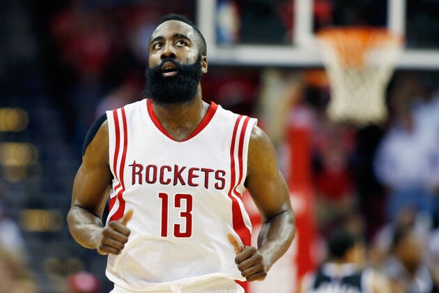 HOUSTON, TX - APRIL 01:  James Harden #13 of the Houston Rockets runs on the court during their game against the Sacramento Kings at the Toyota Center on April 1, 2015 in Houston, Texas. NOTE TO USER: User expressly acknowledges and agrees that, by downloading and/or using this photograph, user is consenting to the terms and conditions of the Getty Images License Agreement.  (Photo by Scott Halleran/Getty Images)
