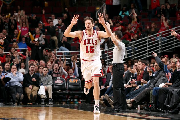 CHICAGO, IL - MARCH 18: Pau Gasol #16 of the Chicago Bulls celebrates during a game against the Indiana Pacers on March 18, 2015 at the United Center in Chicago, Illinois. NOTE TO USER: User expressly acknowledges and agrees that, by downloading and or using this Photograph, user is consenting to the terms and conditions of the Getty Images License Agreement. Mandatory Copyright Notice: Copyright 2015 NBAE (Photo by Joe Murphy/NBAE via Getty Images)