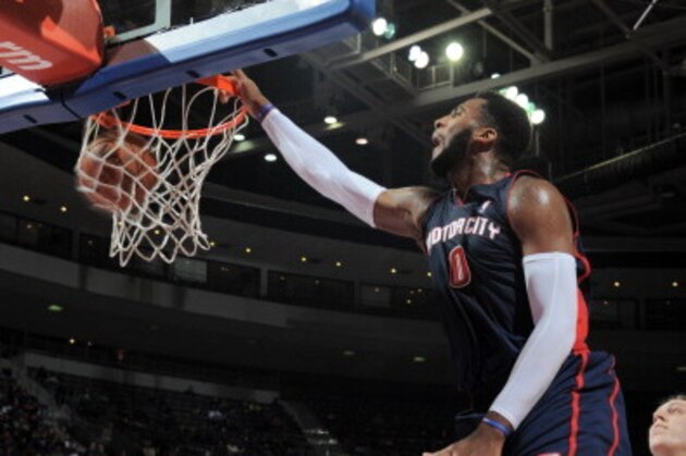 AUBURN HILLS, MI - NOVEMBER 3: Andre Drummond #0 of the Detroit Pistons dunks against the Boston Celtics on November 3, 2013 at The Palace of Auburn Hills in Auburn Hills, Michigan. NOTE TO USER: User expressly acknowledges and agrees that, by downloading and/or using this photograph, User is consenting to the terms and conditions of the Getty Images License Agreement.  Mandatory Copyright Notice: Copyright 2013 NBAE (Photo by Allen Einstein/NBAE via Getty Images)