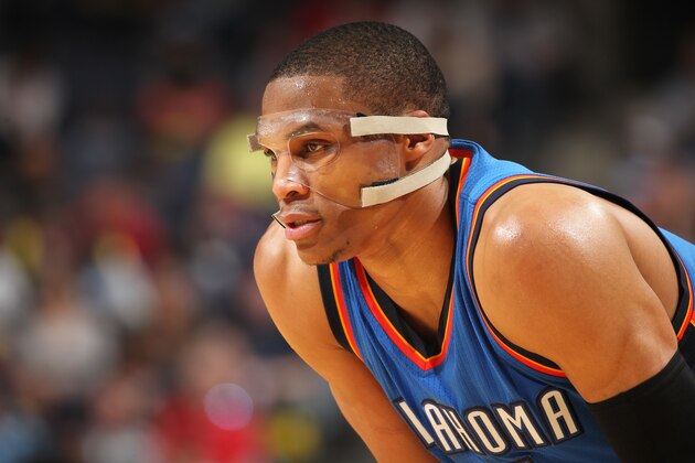 MEMPHIS, TN - APRIL 3:  Russell Westbrook #0 of the Oklahoma City Thunder during the game against the Memphis Grizzlies on April 3, 2015 at FedExForum in Memphis, Tennessee. NOTE TO USER: User expressly acknowledges and agrees that, by downloading and or using this photograph, User is consenting to the terms and conditions of the Getty Images License Agreement. Mandatory Copyright Notice: Copyright 2015 NBAE (Photo by Joe Murphy/NBAE via Getty Images)