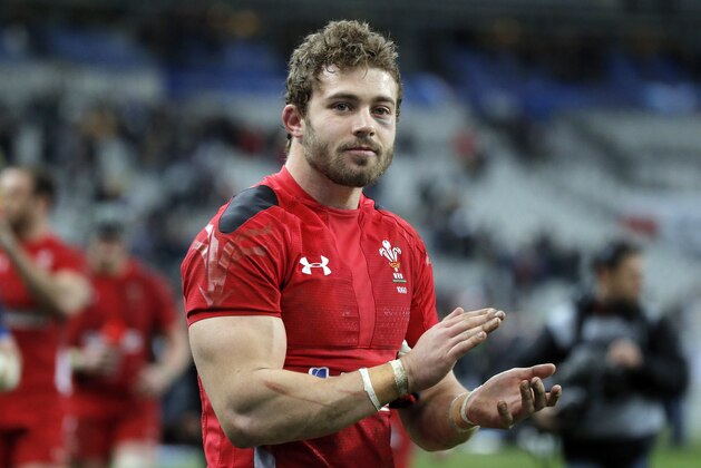Wales’ Leigh Halfpenny celebrates the victory against France at the end of their Six Nations tournament match at Stade de France, in Saint Denis, north of Paris, France, Saturday, Feb. 28, 2015. (AP Photo/Francois Mori)
