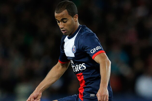 PARIS, FRANCE - MAY 07:  Lucas Moura of PSG in action during the Ligue 1 match between Paris Saint-Germain FC and Stade Rennais FC at Parc des Princes on May 7, 2014 in Paris, France.  (Photo by Dean Mouhtaropoulos/Getty Images)