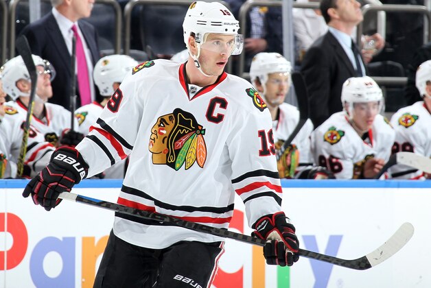 NEW YORK, NY - MARCH 18:  Jonathan Toews #19 of the Chicago Blackhawks skates against the New York Rangers at Madison Square Garden on March 18, 2015 in New York City. The Chicago Blackhawks won 1-0. (Photo by Jared Silber/NHLI via Getty Images)