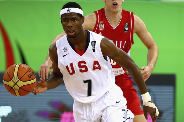 DUBAI, UNITED ARAB EMIRATES - AUGUST 15: Malik Newman of the United States drives the ball forward  during the FIBA U17 World Championships Semi-Final match between Serbia and United States of America at the Hamdan Sports Complex on August 15, 2014 in Dubai, United Arab Emirates.  (Photo by Francois Nel/Getty Images)