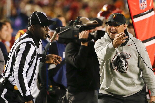 Southern California coach Steve Sarkisian yells at an official during the first half of the Holiday Bowl NCAA college football game against Nebraska on Saturday, Dec. 27, 2014, in San Diego. (AP Photo/Lenny Ignelzi)