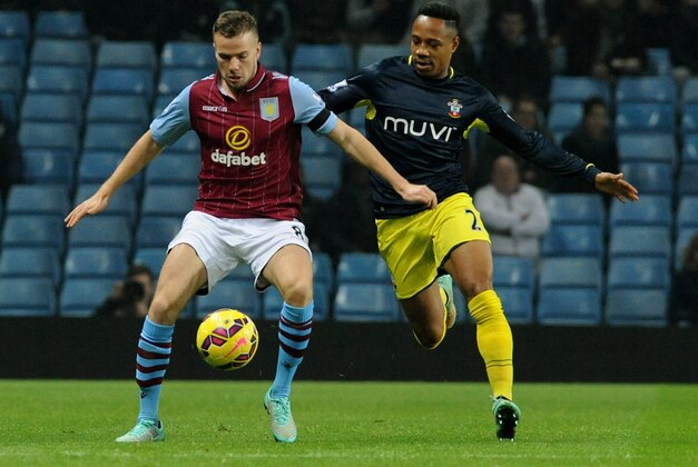 Aston Villa's Tom Cleverley, left, shields the ball from Southampton's Nathaniel Clyne during the English Premier League soccer match between Aston Villa and Southampton at Villa Park, Birmingham, England, Monday, Nov. 24, 2014. (AP Photo/Rui Vieira)