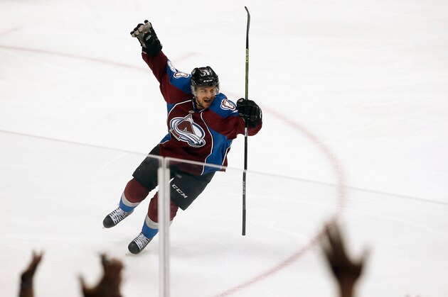 DENVER, CO - APRIL 07:  Joey Hishon #38 of the Colorado Avalanche celebrates his first NHL goal as he scores the game winner in the third period to defeat the Nashville Predators 3-2 at Pepsi Center on April 7, 2015 in Denver, Colorado.  (Photo by Doug Pensinger/Getty Images)