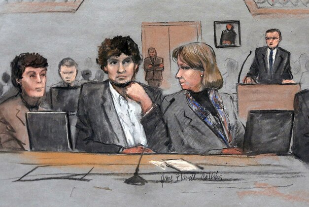 FILE - In this March 5, 2015 file courtroom sketch, Dzhokhar Tsarnaev, center, is depicted between defense attorneys Miriam Conrad, left, and Judy Clarke, right, during his federal death penalty trial in Boston.  Prosecutors rested their case against Tsarnaev on Monday, March 30, 2015, after jurors saw gruesome autopsy photos and heard a medical examiner describe the devastating injuries suffered by the three people who died in the 2013 terror attack. (AP Photo/Jane Flavell Collins, File)