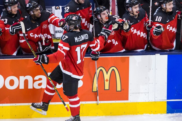 TORONTO, ON - JANUARY 05: Forward Connor McDavid #17 of Canada celebrates a goal against Russia during the Gold medal game of the 2015 IIHF World Junior Championship on January 05, 2015 at the Air Canada Centre in Toronto, Ontario, Canada. (Photo by Dennis Pajot/Getty Images)