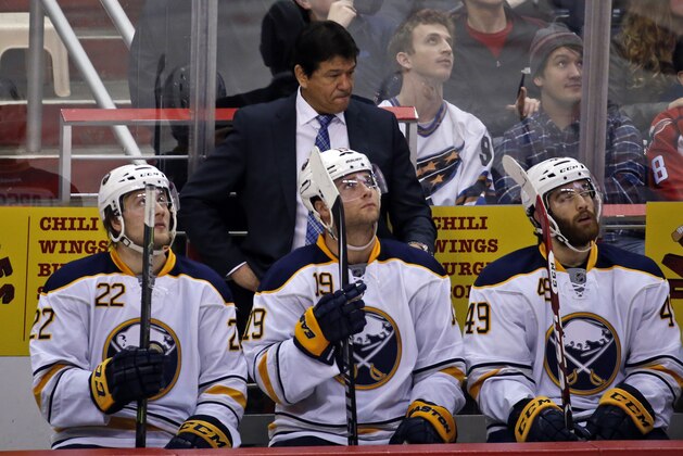 Buffalo Sabres head coach Ted Nolan stands in the bench in the third period of an NHL hockey game against the Washington Capitals, Saturday, March 7, 2015, in Washington. The Capitals won 6-1.(AP Photo/Alex Brandon)