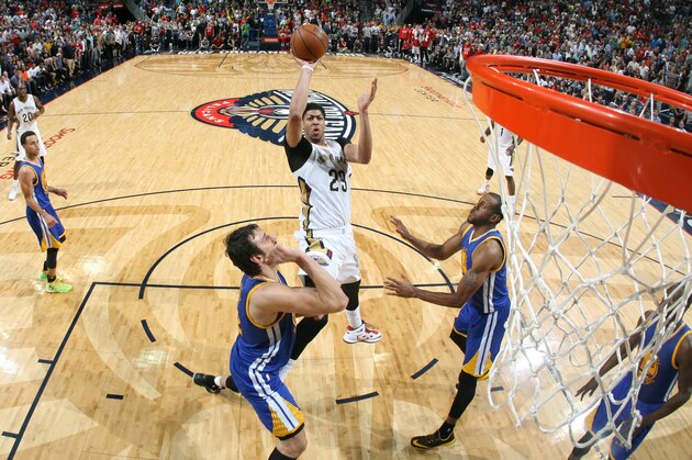 NEW ORLEANS, LA - APRIL 7:  Anthony Davis #23 of the New Orleans Pelicans shoots the ball against the Golden State Warriors on April 7, 2015 at the Smoothie King Center in New Orleans, Louisiana. NOTE TO USER: User expressly acknowledges and agrees that, by downloading and or using this Photograph, user is consenting to the terms and conditions of the Getty Images License Agreement. Mandatory Copyright Notice: Copyright 2015 NBAE (Photo by Layne Murdoch Jr./NBAE via Getty Images