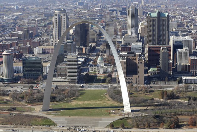 The Gateway arch is seen with the downtown St. Louis skyline in this aerial photo taken Tuesday, Nov. 25, 2014. (AP Photo/Charlie Riedel)