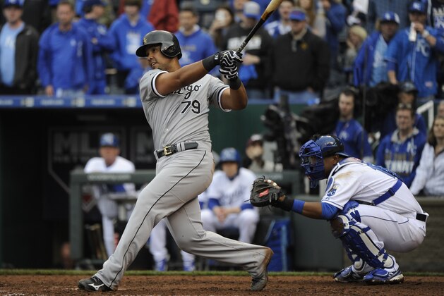 KANSAS CITY, MO - APRIL 6:  Jose Abreu #79 of the Chicago White Sox bats in the ninth inning against the Kansas City Royals on April 6, 2015 during an opening day game at Kauffman Stadium in Kansas City, Missouri. (Photo by Ed Zurga/Getty Images)