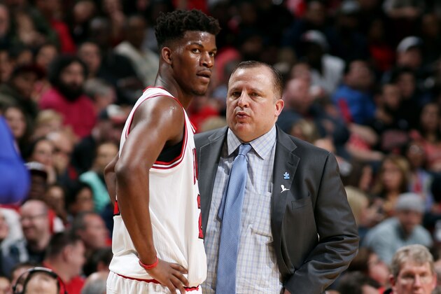 CHICAGO, IL - APRIL 3: Jimmy Butler #21 and Tom Thibodeau of the Chicago Bulls speak during a game against the Detroit Pistons on April 3, 2015 at the United Center in Chicago, Illinois. NOTE TO USER: User expressly acknowledges and agrees that, by downloading and or using this Photograph, user is consenting to the terms and conditions of the Getty Images License Agreement. Mandatory Copyright Notice: Copyright 2015 NBAE (Photo by Gary Dineen/NBAE via Getty Images)