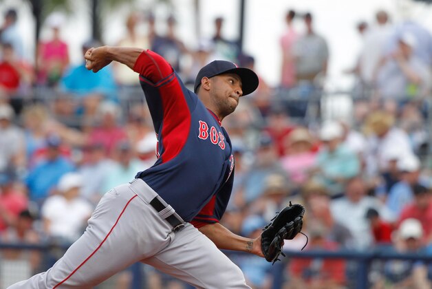 Mar 31, 2015; Port Charlotte, FL, USA; Boston Red Sox relief pitcher Anthony Varvaro (46) throws a pitch during the fourth inning against the Tampa Bay Rays at Charlotte Sports Park. Mandatory Credit: Kim Klement-USA TODAY Sports