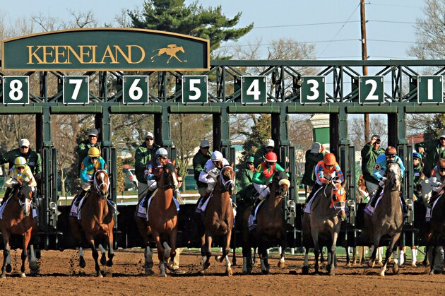 Horses break from the gate to start the 91st running of the Blue Grass Stakes horse race at Keeneland Race Course in Lexington, Ky., Saturday, April. 4, 2015. (AP Photo/Garry Jones)