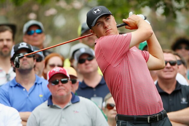 AUGUSTA, GA - APRIL 06:  Jordan Spieth of the United States hits a shot as a gallery of fans look on during a practice round prior to the start of the 2015 Masters Tournament at Augusta National Golf Club on April 6, 2015 in Augusta, Georgia.  (Photo by Andrew Redington/Getty Images)