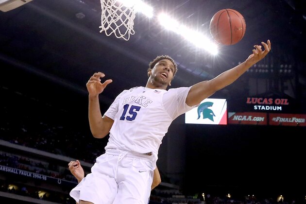 INDIANAPOLIS, IN - APRIL 04: Jahlil Okafor #15 of the Duke Blue Devils drives to the basket in the second half against the Michigan State Spartans during the NCAA Men's Final Four Semifinal at Lucas Oil Stadium on April 4, 2015 in Indianapolis, Indiana.  (Photo by Andy Lyons/Getty Images)