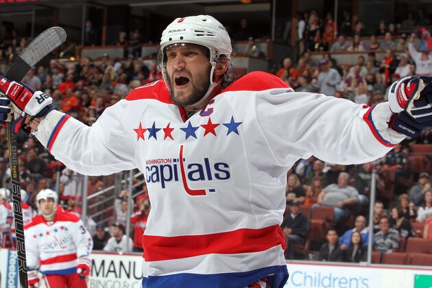 ANAHEIM, CA - FEBRUARY 15:  Alex Ovechkin #8 of the Washington Capitals reacts after assisting on a goal against the Anaheim Ducks on February 15, 2015 at Honda Center in Anaheim, California. (Photo by Debora Robinson/NHLI via Getty Images)