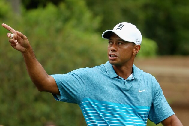AUGUSTA, GA - APRIL 06:  Tiger Woods of the United States gestures during a practice round prior to the start of the 2015 Masters Tournament at Augusta National Golf Club on April 6, 2015 in Augusta, Georgia.  (Photo by Andrew Redington/Getty Images)