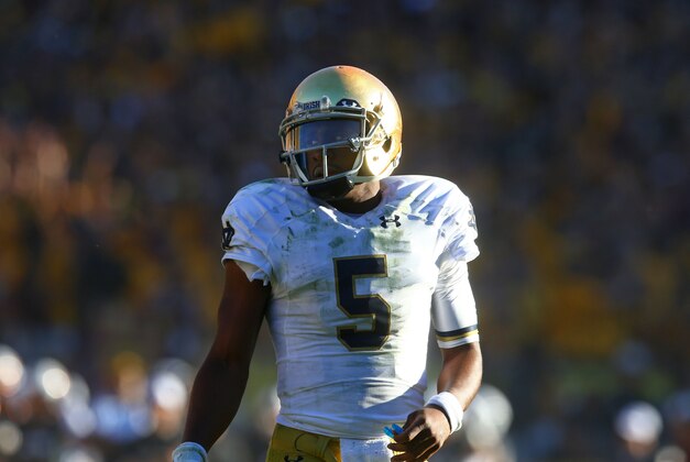 Nov 8, 2014; Tempe, AZ, USA; Notre Dame Fighting Irish quarterback Everett Golson (5) against the Arizona State Sun Devils at Sun Devil Stadium. Arizona State defeated Notre Dame 55-31. Mandatory Credit: Mark J. Rebilas-USA TODAY Sports