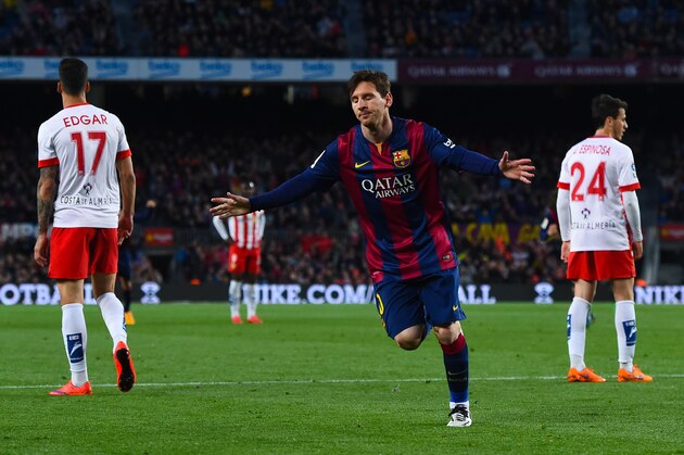 BARCELONA, SPAIN - APRIL 08:  Lionel Messi of FC Barcelona celebrates after scoring the opening goal during the La Liga match between FC Barcelona and UD Almeria at Camp Nou on April 8, 2015 in Barcelona, Spain.  (Photo by David Ramos/Getty Images)