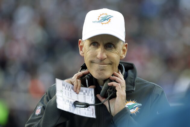 Miami Dolphins head coach Joe Philbin watches the action against the New England Patriots from the sideline in the first half of an NFL football game Sunday, Dec. 14, 2014, in Foxborough, Mass. (AP Photo/Steven Senne)