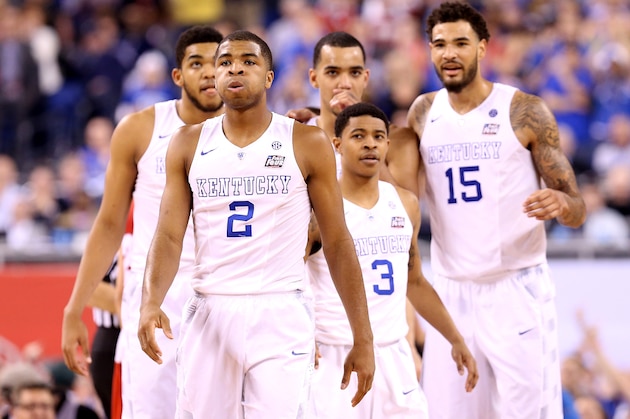 INDIANAPOLIS, IN - APRIL 04: Aaron Harrison #2 of the Kentucky Wildcats reacts late in the game with teammates Karl-Anthony Towns #12, Tyler Ulis #3, Trey Lyles #41 and Willie Cauley-Stein #15 against the Wisconsin Badgers during the NCAA Men's Final Four Semifinal at Lucas Oil Stadium on April 4, 2015 in Indianapolis, Indiana. (Photo by Streeter Lecka/Getty Images) INDIANAPOLIS, IN - APRIL 04: Aaron Harrison #2 of the Kentucky Wildcats reacts late in the game with teammates Karl-Anthony Towns #12, Tyler Ulis #3, Trey Lyles #41 and Willie Cauley-Stein #15 against the Wisconsin Badgers during the NCAA Men's Final Four Semifinal at Lucas Oil Stadium on April 4, 2015 in Indianapolis, Indiana. (Photo by Streeter Lecka/Getty Images)