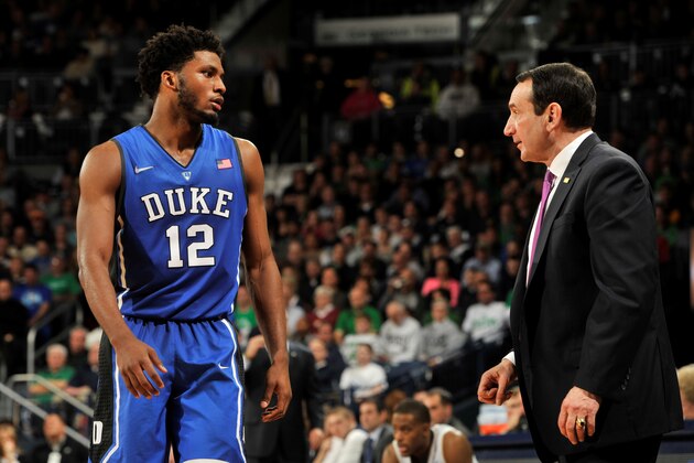 Duke guard Justise Winslow, left, talks with coach Mike Krzyzewski in the an NCAA college basketball game with Notre Dame Wednesday, Jan. 28, 2015, in South Bend, Ind. Notre Dame won 77-73 . (AP Photo/Joe Raymond)