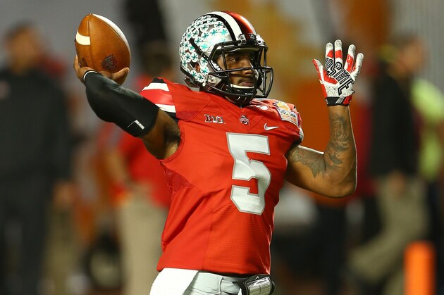 MIAMI GARDENS, FL - JANUARY 03:  Braxton Miller #5 of the Ohio State Buckeyes warms up prior to the Discover Orange Bowl against the Clemson Tigers at Sun Life Stadium on January 3, 2014 in Miami Gardens, Florida.  (Photo by Streeter Lecka/Getty Images)