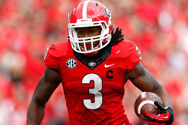ATHENS, GA - SEPTEMBER 27:  Todd Gurley #3 of the Georgia Bulldogs rushes against the Tennessee Volunteers at Sanford Stadium on September 27, 2014 in Athens, Georgia.  (Photo by Kevin C. Cox/Getty Images)