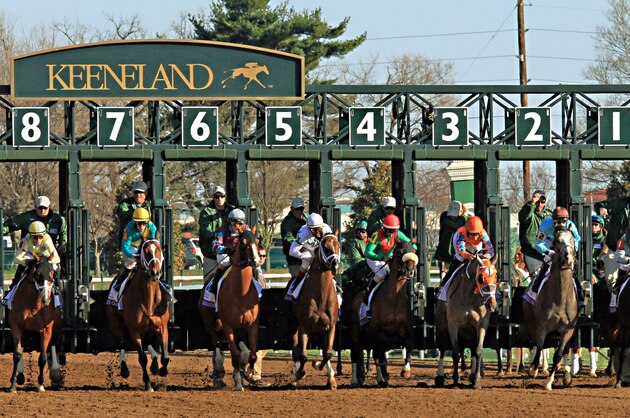 Horses break from the gate to start the 91st running of the Blue Grass Stakes horse race at Keeneland Race Course in Lexington, Ky., Saturday, April. 4, 2015. (AP Photo/Garry Jones)