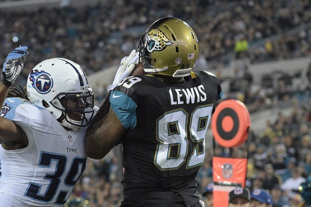 Jacksonville Jaguars tight end Marcedes Lewis (89) beats Tennessee Titans strong safety Daimion Stafford (39) on a 4-yard touchdown reception during the second quarter of an NFL football game Thursday, Dec. 18, 2014, in Jacksonville, Fla. (AP Photo/Phelan M. Ebenhack)