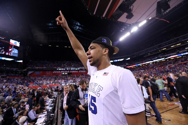 INDIANAPOLIS, IN - APRIL 06: Jahlil Okafor #15 of the Duke Blue Devils celebrates after defeating the Wisconsin Badgers during the NCAA Men's Final Four National Championship at Lucas Oil Stadium on April 6, 2015 in Indianapolis, Indiana. Duke defeated Wisconsin 68-63. (Photo by Streeter Lecka/Getty Images)