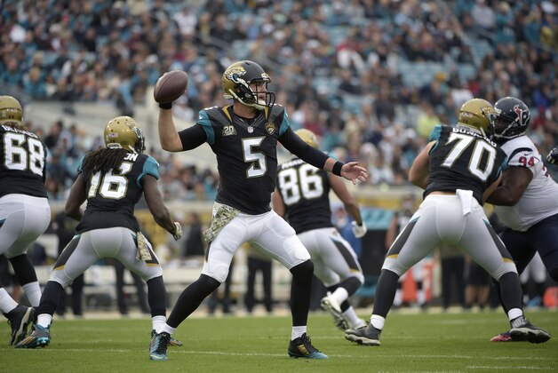 Jacksonville Jaguars quarterback Blake Bortles (5) sets up to throw a pass during the first half of an NFL football game against the Houston Texans in Jacksonville, Fla., Sunday, Dec. 7, 2014.(AP Photo/Phelan M. Ebenhack)