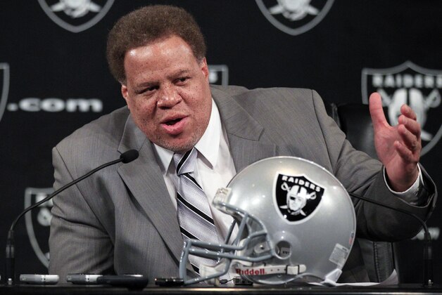 FILE - In this Jan. 10, 2012, file photo, Oakland Raiders general manager Reggie McKenzie speaks during a news conference in Alameda, Calif. The Raiders enter the draft with the fifth overall pick and also have choices near the top of the second, third and fourth rounds. Oakland has traded its fifth- and sixth-round picks away but does have three selections in the seventh round.(AP Photo/Marcio Jose Sanchez, File)