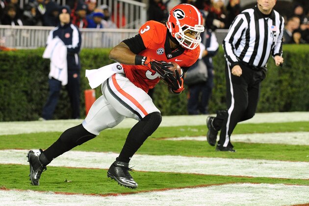 ATHENS, GA - NOVEMBER 15: Todd Gurley #3 of the Georgia Bulldogs returns a kickoff for a 103-yard touchdown against the Auburn Tigers at Sanford Stadium on November 15, 2014 in Athens, Georgia. The play would be called back by a penalty. (Photo by Scott Cunningham/Getty Images)