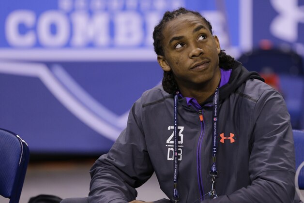 Virginia defensive back Anthony Harris sits at the NFL football scouting combine in Indianapolis, Monday, Feb. 23, 2015. (AP Photo/David J. Phillip)