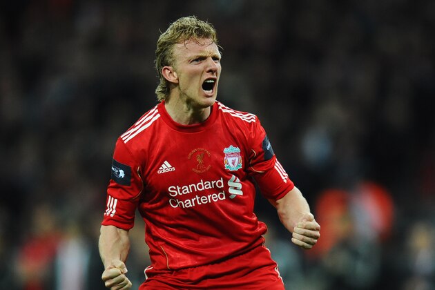 LONDON, ENGLAND - FEBRUARY 26:  Dirk Kuyt of Liverpool celebrates as he scores in the penalty shoot out during the Carling Cup Final match between Liverpool and Cardiff City at Wembley Stadium on February 26, 2012 in London, England.  (Photo by Mike Hewitt/Getty Images)