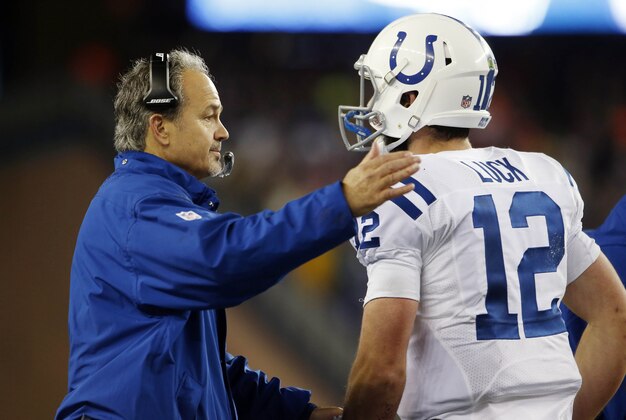 Jan 18, 2015; Foxborough, MA, USA; Indianapolis Colts head coach Chuck Pagano (left) greets quarterback Andrew Luck (12) after a touchdown against the New England Patriots in the second quarter in the AFC Championship Game at Gillette Stadium. Mandatory Credit: David Butler II-USA TODAY Sports